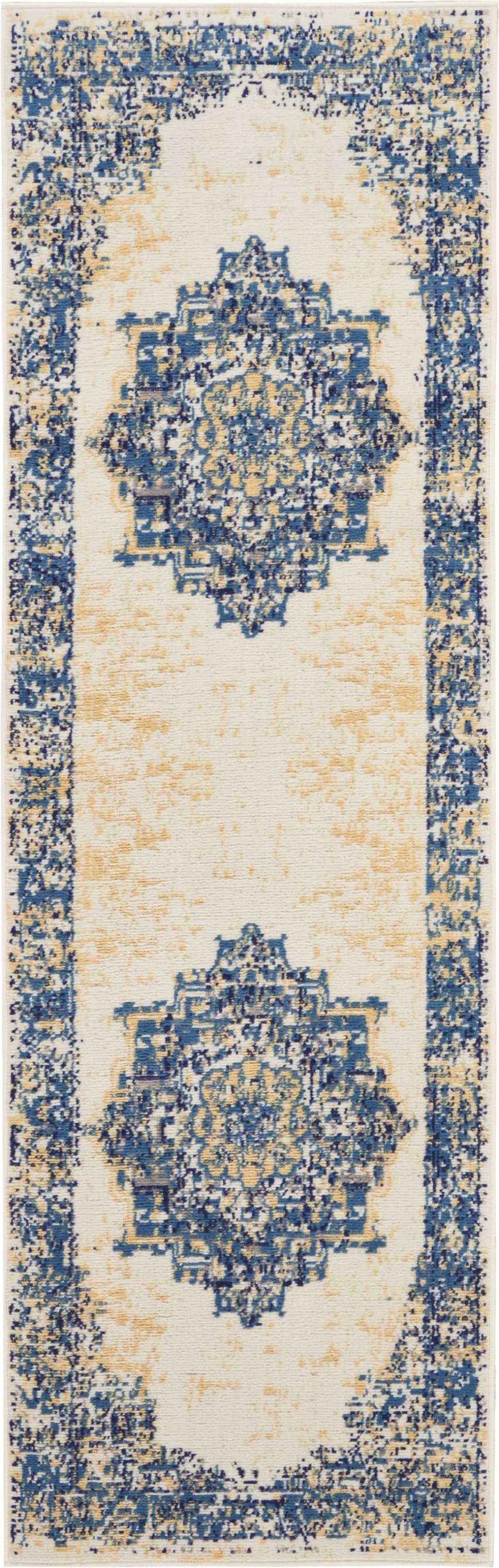Long oriental runner rug in blue & ivory with vintage distressed medallion motifs and bordered edges.
