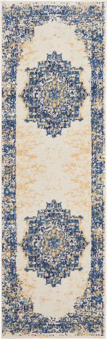 Long oriental runner rug in blue & ivory with vintage distressed medallion motifs and bordered edges.