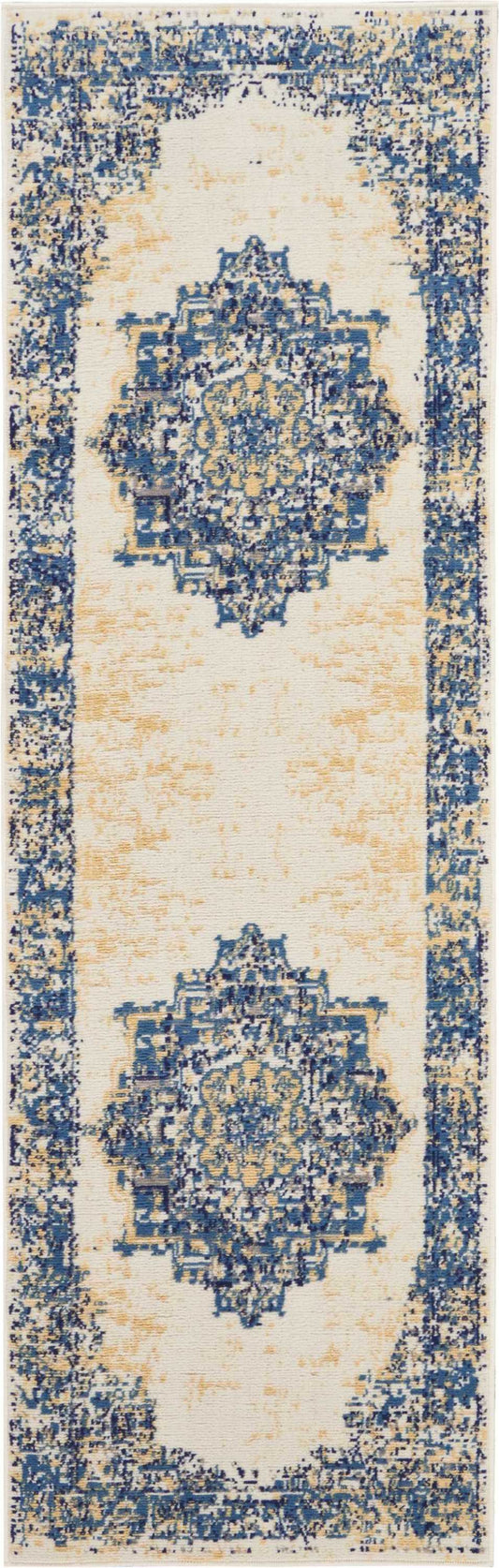 Long oriental runner rug in blue & ivory with vintage distressed medallion motifs and bordered edges.