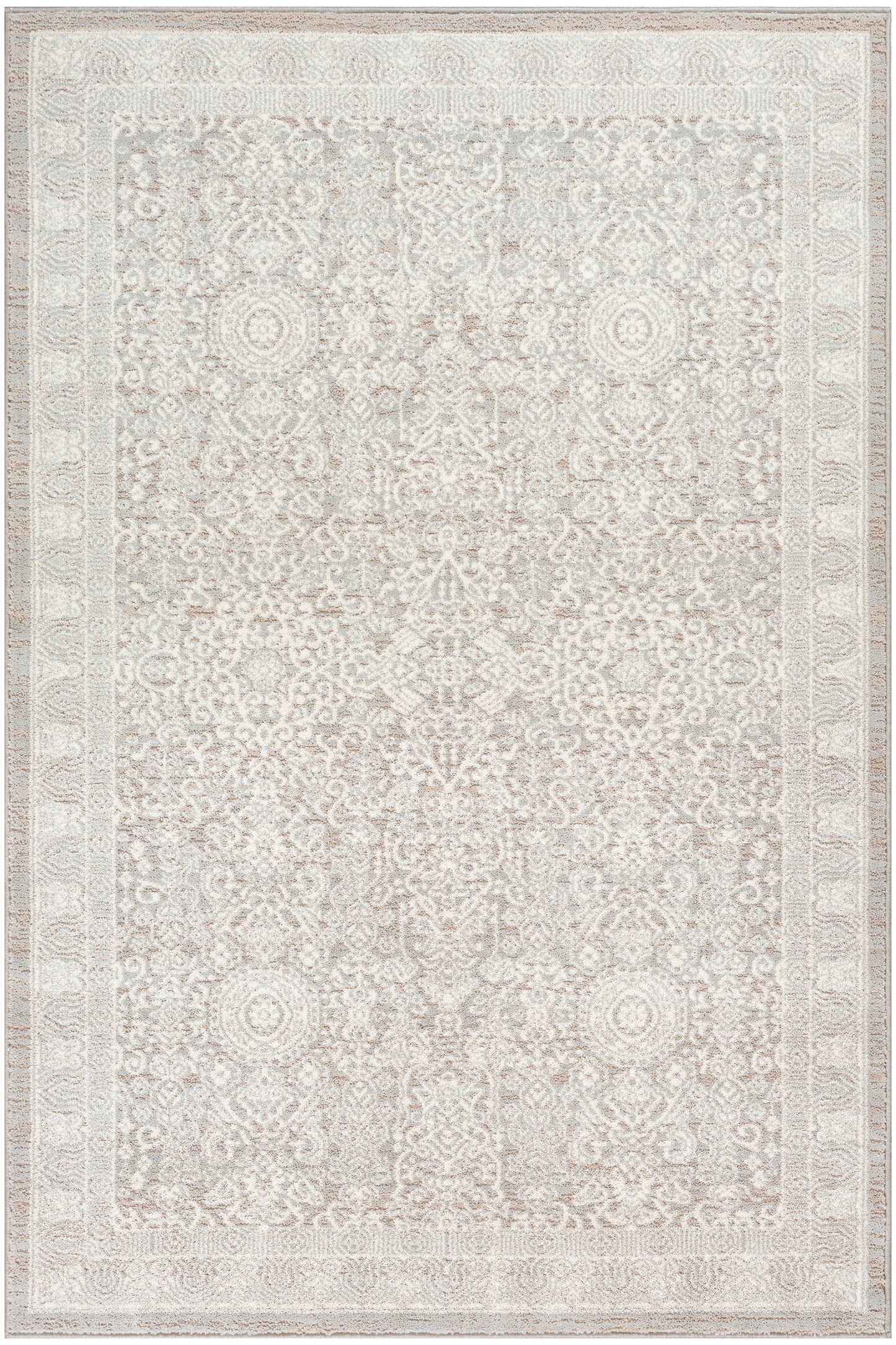 Cream-toned oriental rug with subtle beige floral motifs and a decorative border.