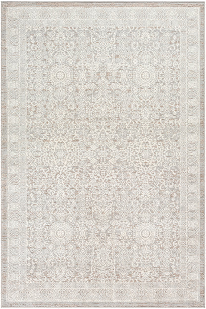 Cream-toned oriental rug with subtle beige floral motifs and a decorative border.