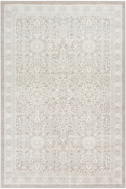 Cream-toned oriental rug with subtle beige floral motifs and a decorative border.