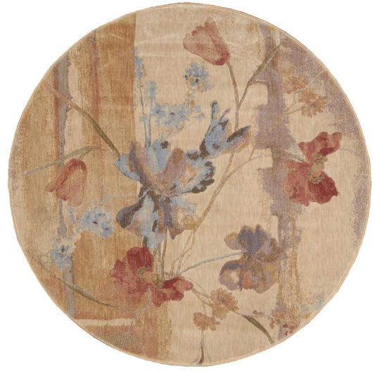 Round beige rug with a muted floral bouquet in blues, pinks and reds.