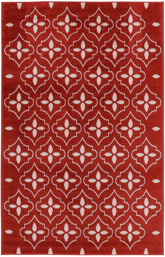 Bold red rug with cream-white quatrefoil lattice motifs in a repeating pattern; soft woven rug.