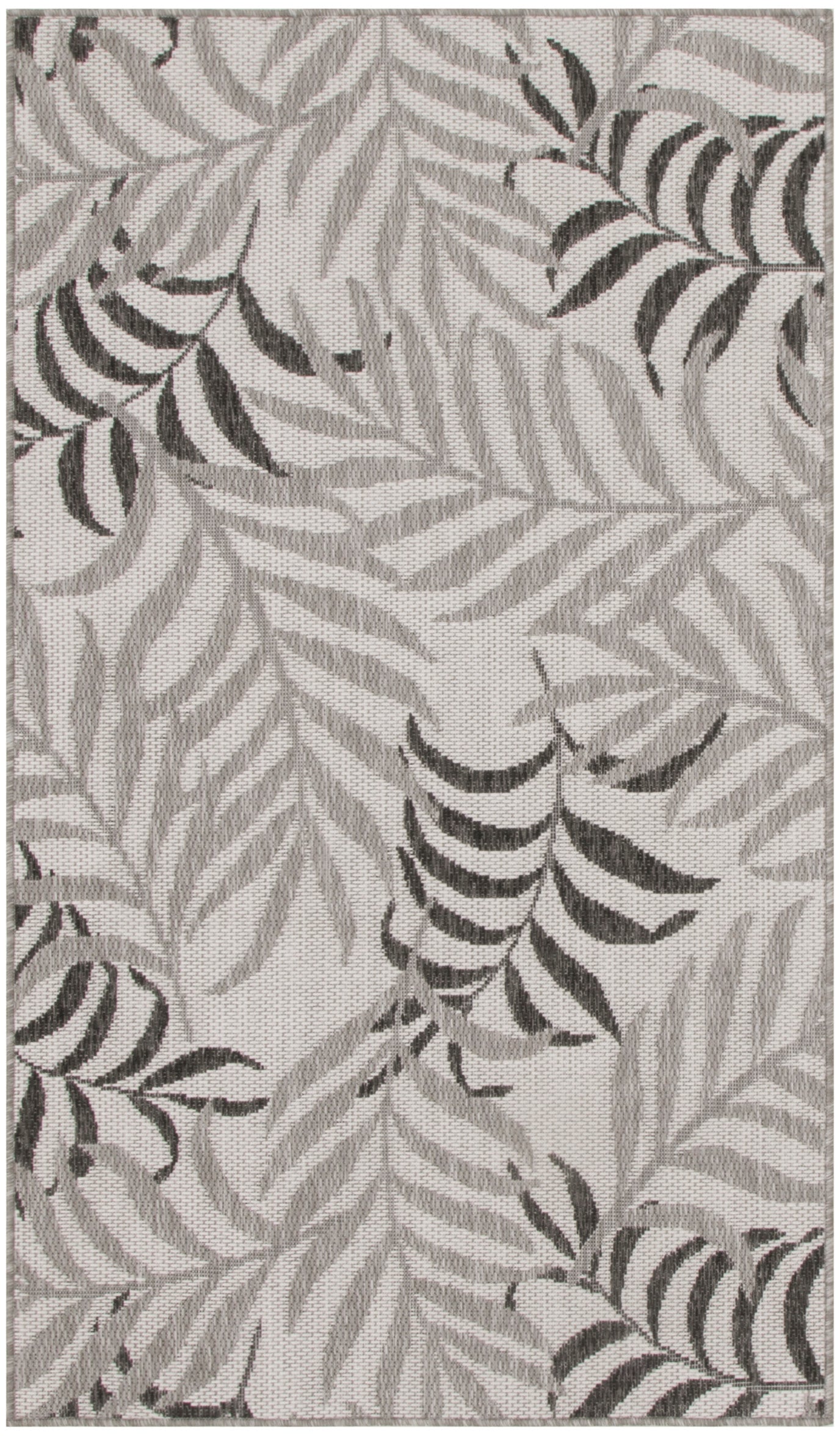 Rectangular woven rug with neutral gray palm/fern leaf pattern, soft textured surface, modern botanical style.