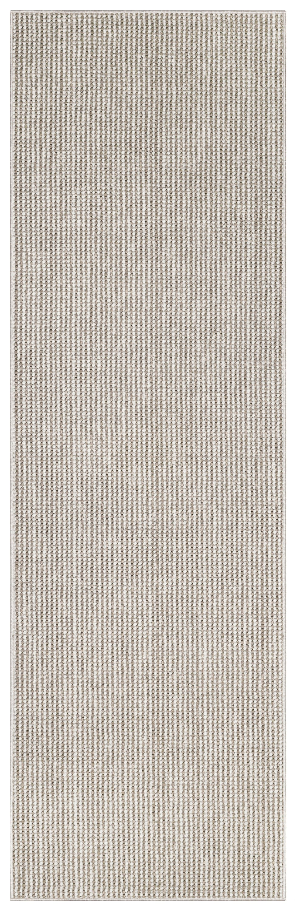 Beige cream textured woven rug runner with a small loop pattern and light border.