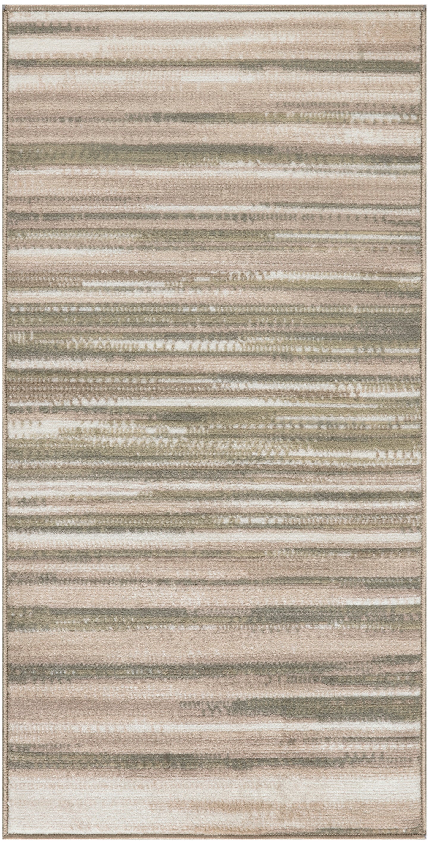 Soft neutral area rug with irregular horizontal stripes in beige, taupe, gray, and olive tones.