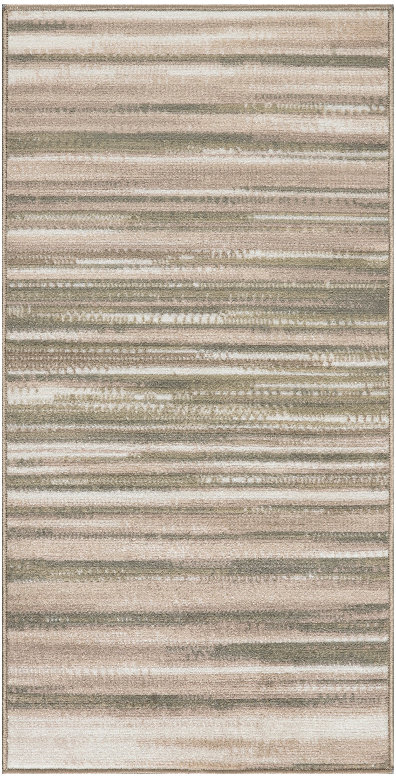 Soft neutral area rug with irregular horizontal stripes in beige, taupe, gray, and olive tones.