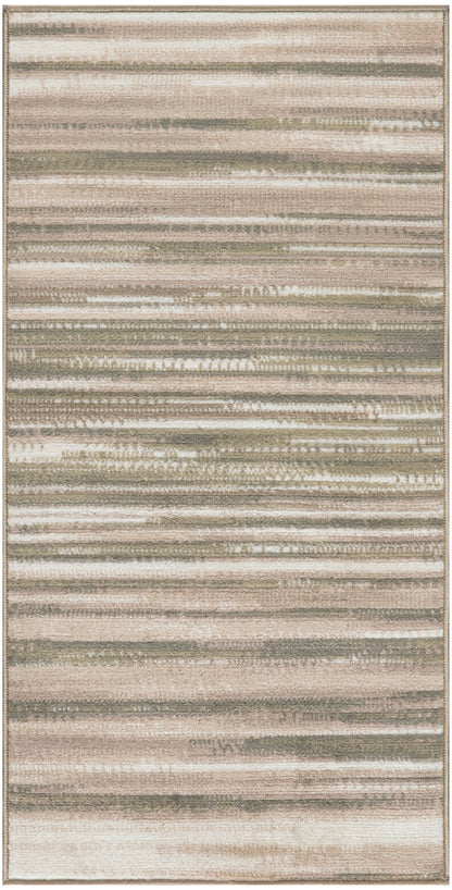 Soft neutral area rug with irregular horizontal stripes in beige, taupe, gray, and olive tones.