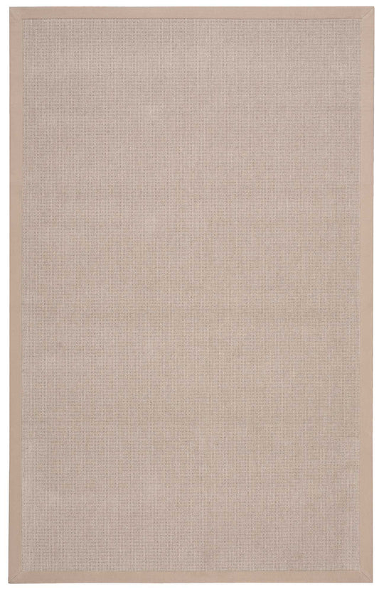 Beige rectangular rug with natural woven texture and tan border; flat-weave floor covering.
