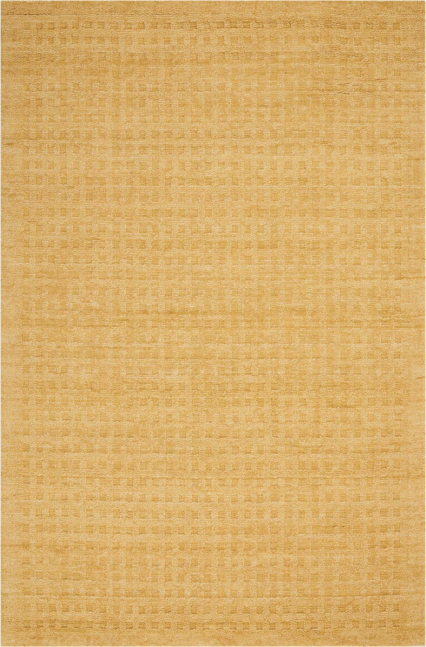 Golden beige rectangular rug with subtle woven crosshatch pattern and warm, soft texture.