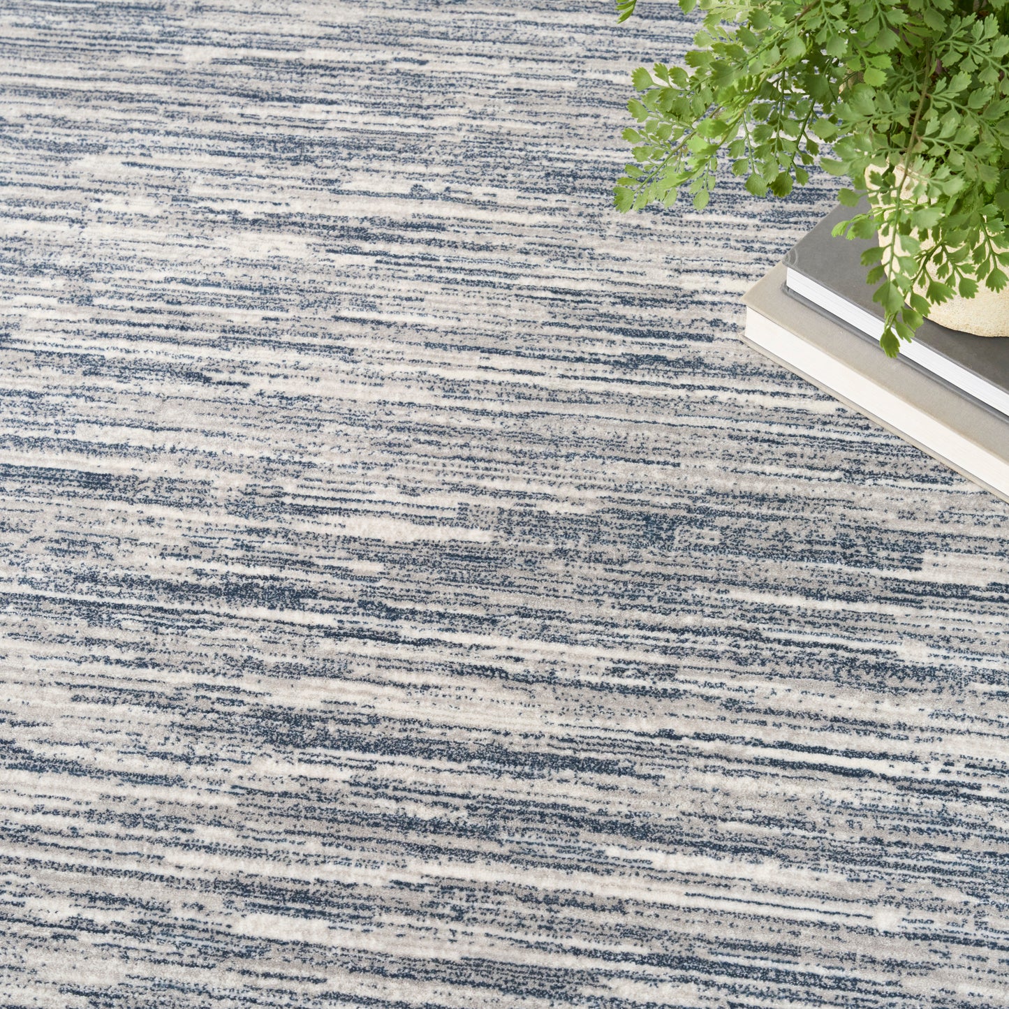 Blue and white striped textured rug with a corner plant and stacked books.