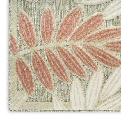 Ivory-beige tapestry rug with dusty pink palm leaf motifs; textured embroidery.