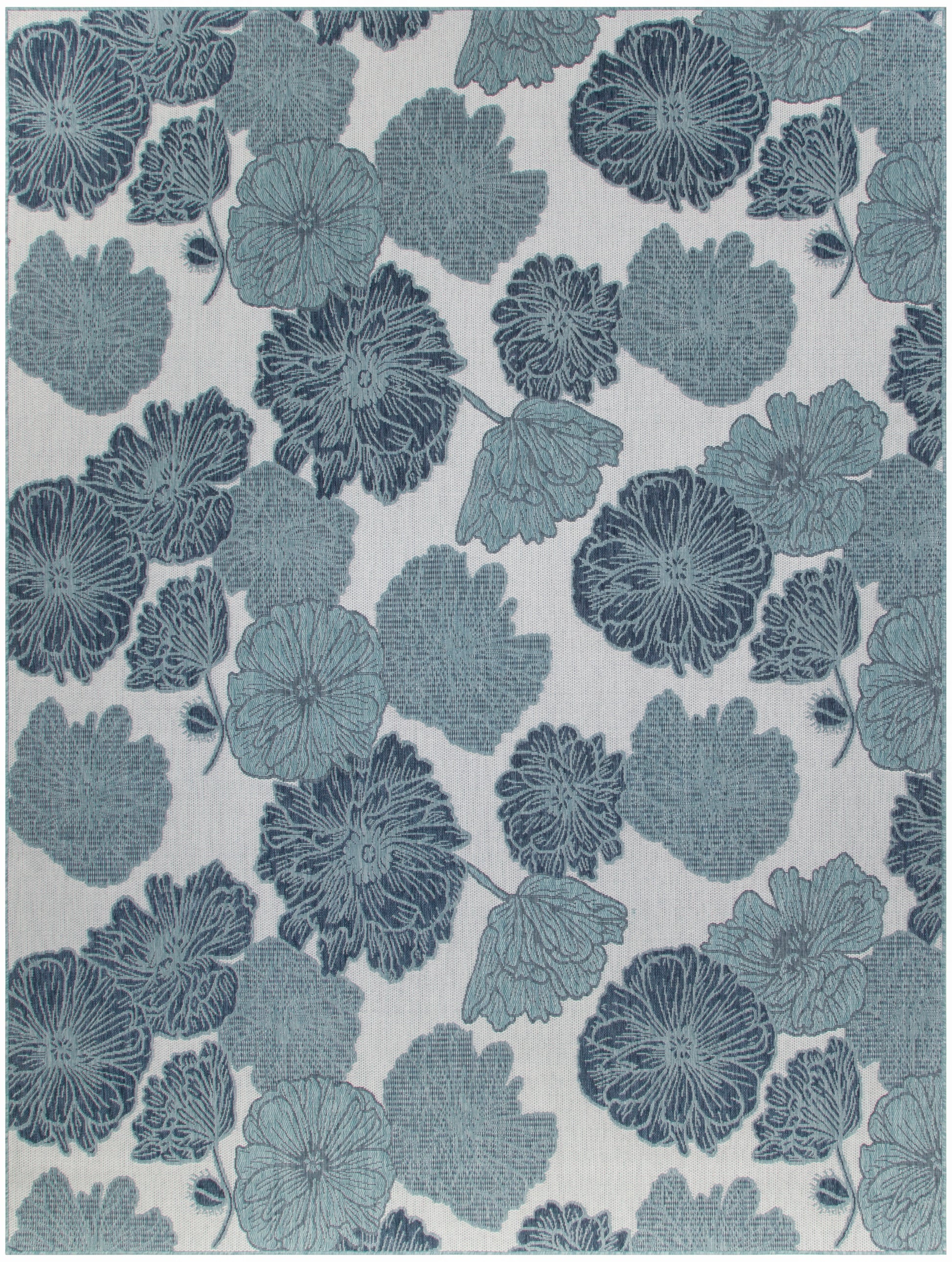 Blue floral damask pattern fabric with stylized leaves on a light ivory background; ideal for upholstery or drapery.