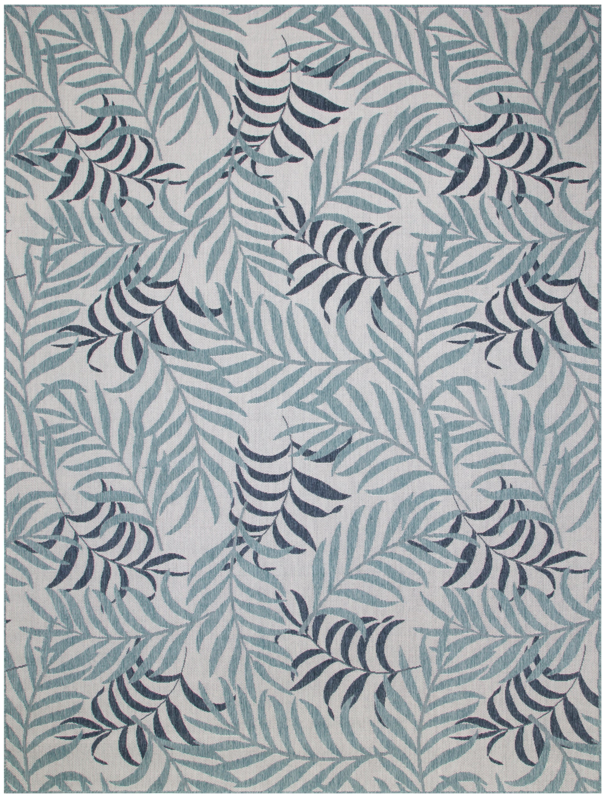 Blue-green palm leaf rug on light gray background; tropical botanical pattern, modern textile accessory for living spaces.