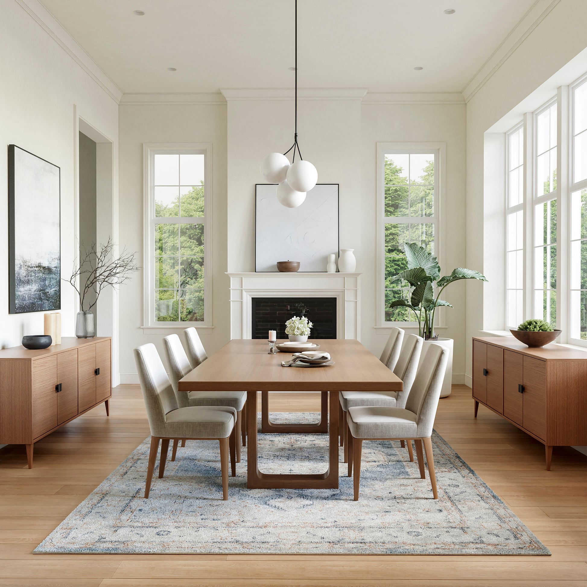Light wood rectangular dining table with six beige upholstered chairs; mid-century modern set in bright room with rug.