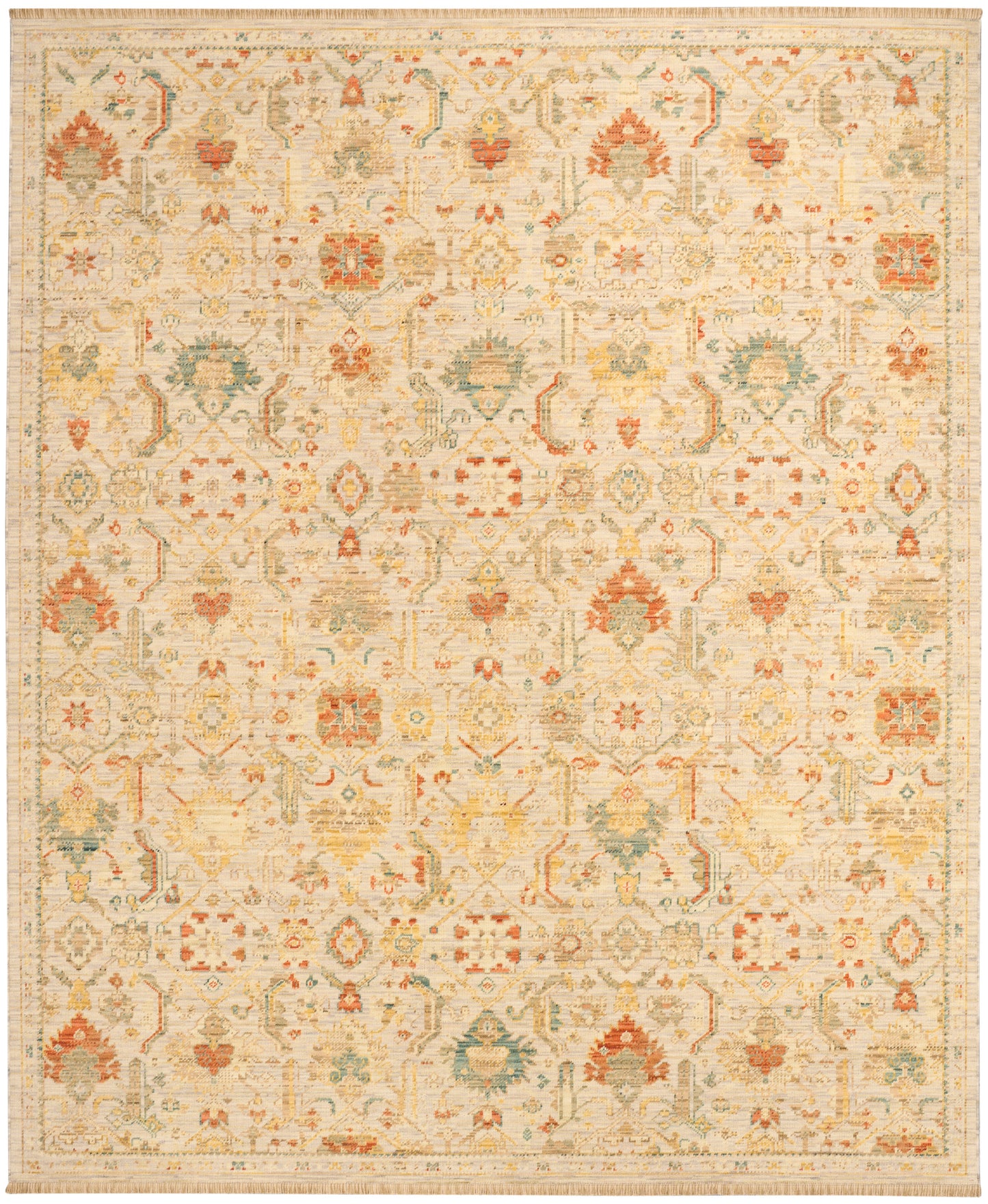 Cream oriental rug with ivory base and faded vintage palette; orange & teal & green & rust floral lattice motifs.