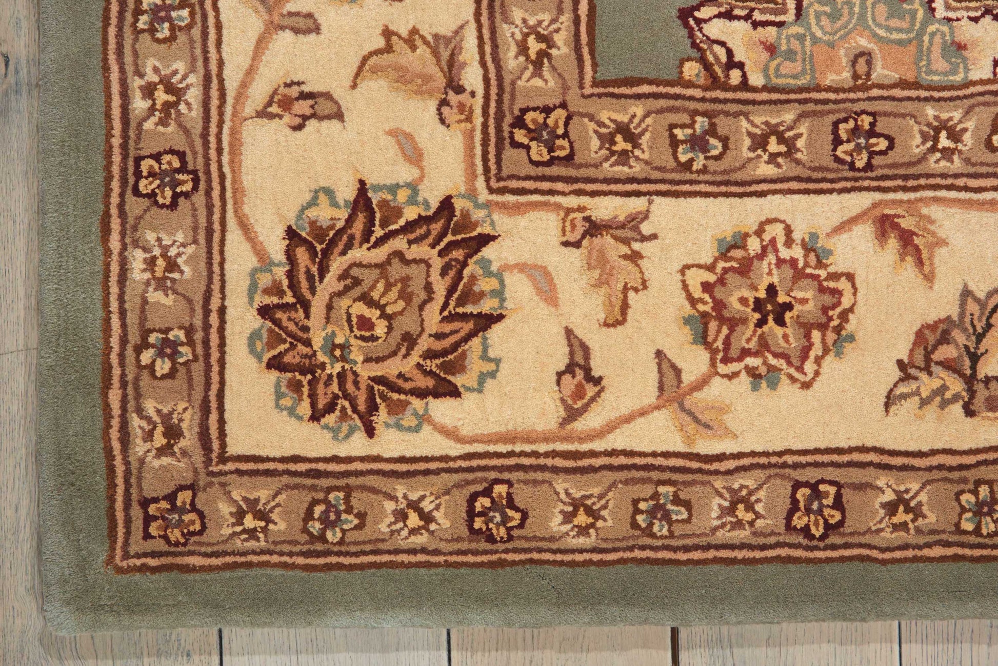 Beige oriental rug close-up with brown and red floral motifs and a green bordered edge.