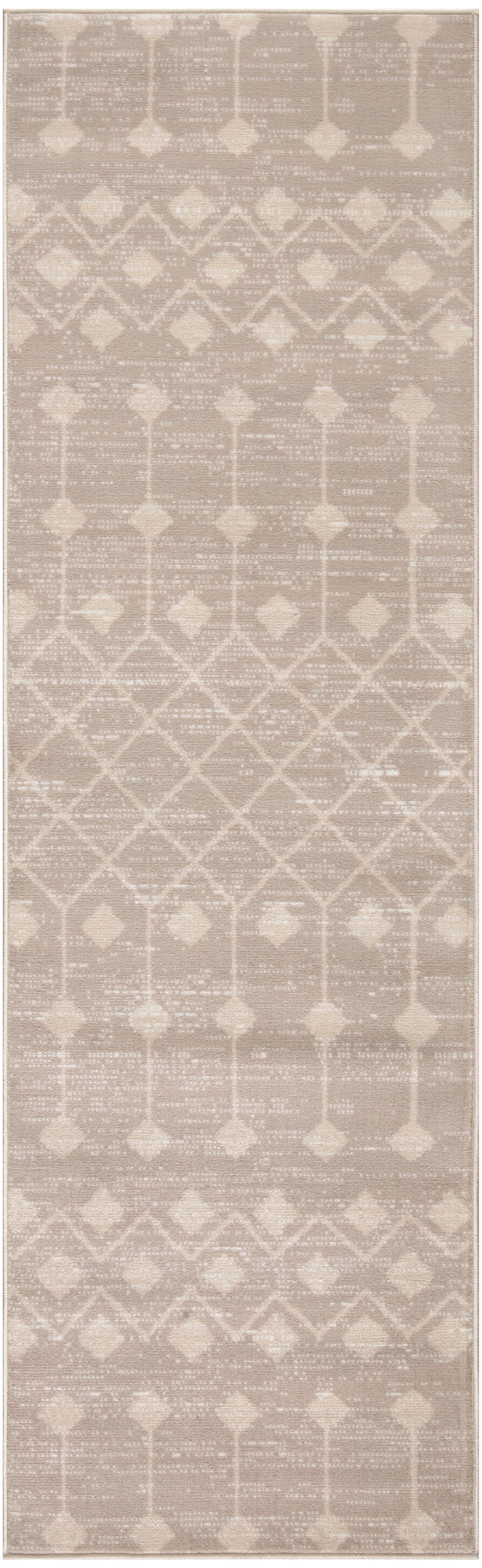 Taupe and cream woven runner rug with subtle diamond lattice and geometric motifs.