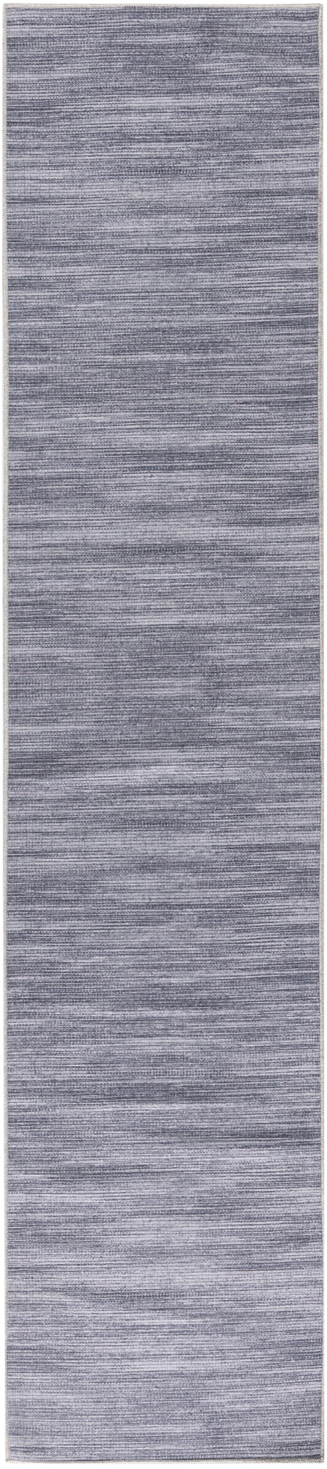 Blue-gray woven long, narrow runner rug with soft horizontal stripes and light border.