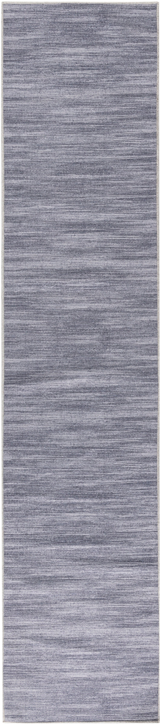 Blue-gray woven long, narrow runner rug with soft horizontal stripes and light border.