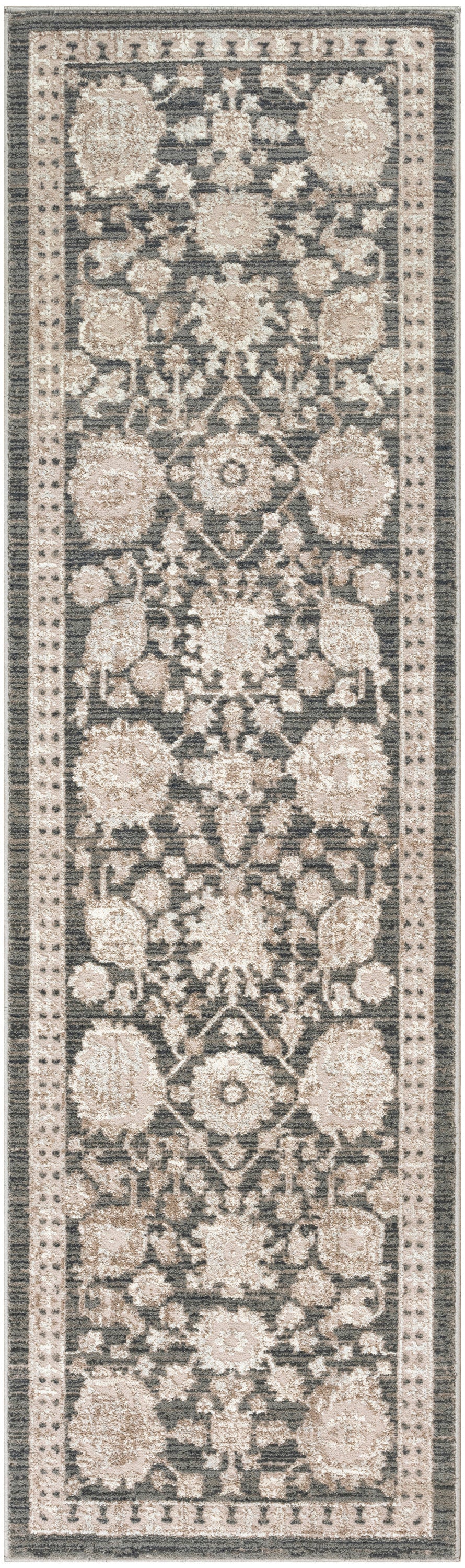Rectangular runner rug with muted beige floral damask motifs on a gray field and decorative borders.
