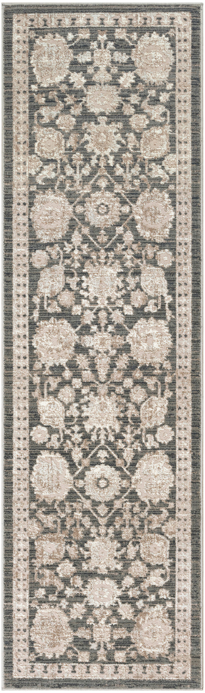 Rectangular runner rug with muted beige floral damask motifs on a gray field and decorative borders.