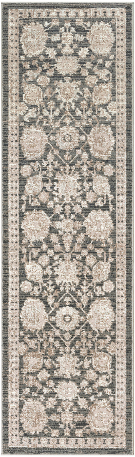 Rectangular runner rug with muted beige floral damask motifs on a gray field and decorative borders.