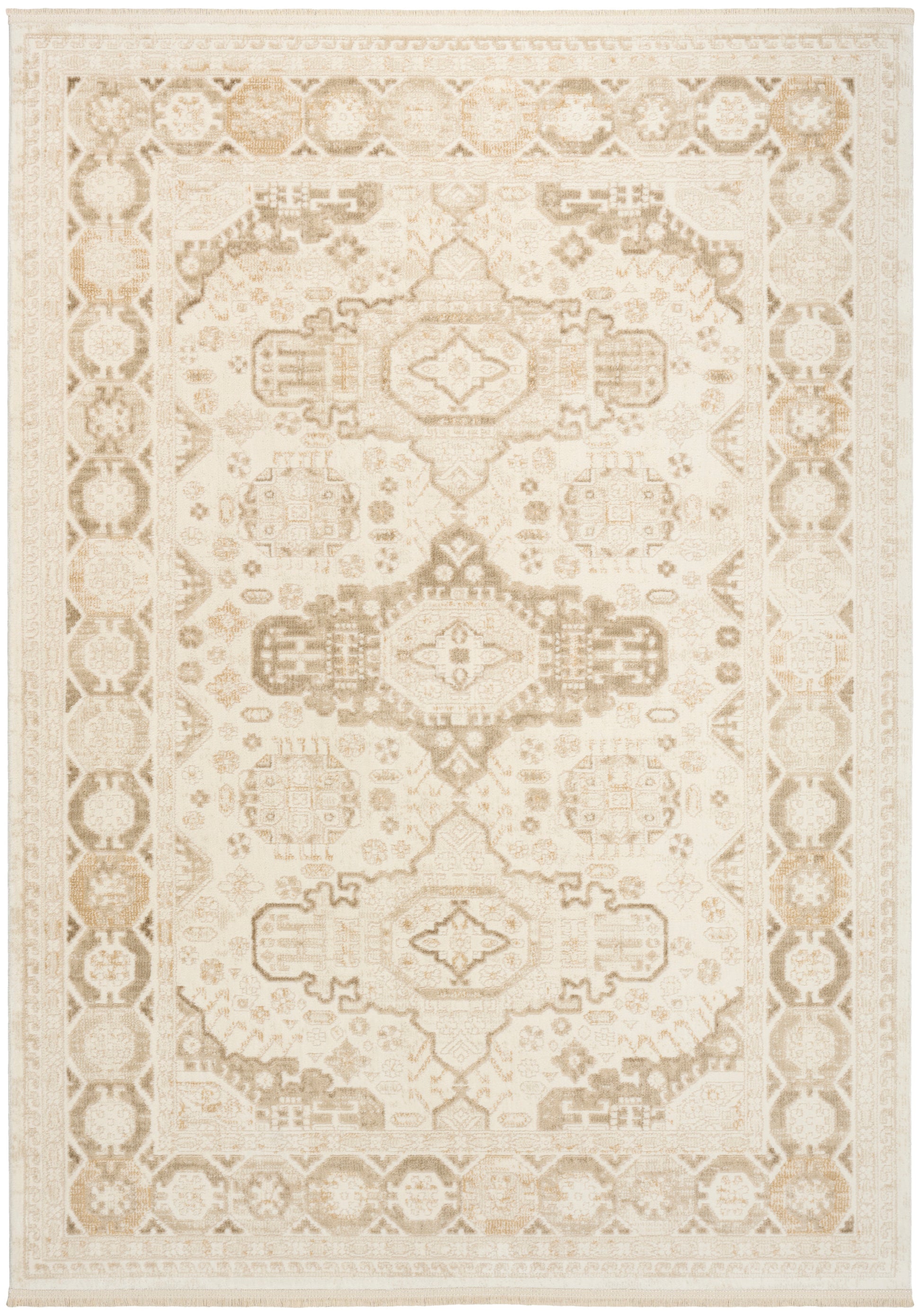 Cream-beige oriental area rug with taupe medallions and a decorative border in soft ivory tones.