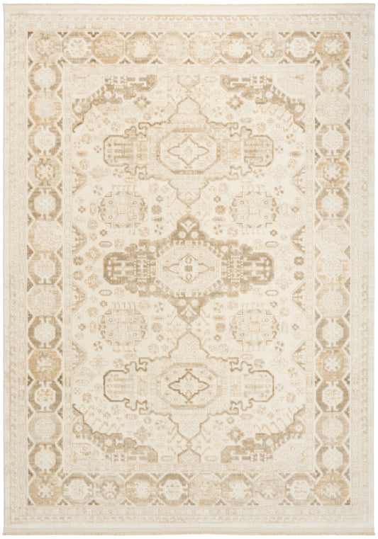 Cream-beige oriental area rug with taupe medallions and a decorative border in soft ivory tones.