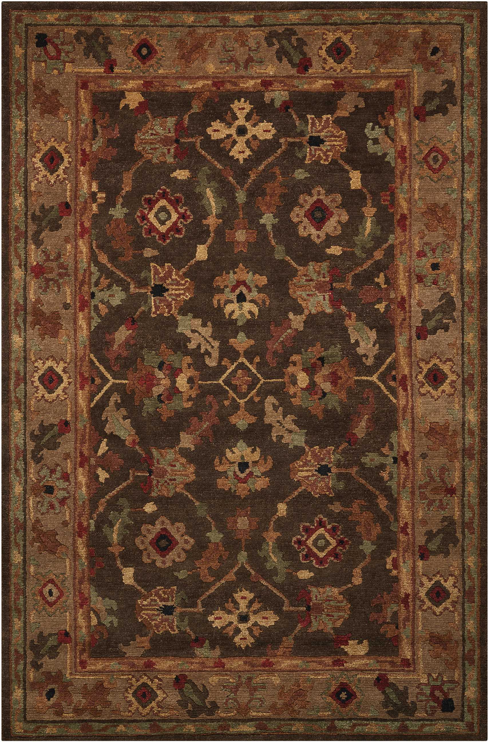 Traditional oriental rug with a dark brown field, multicolor floral medallions and vines, bordered in warm tan.