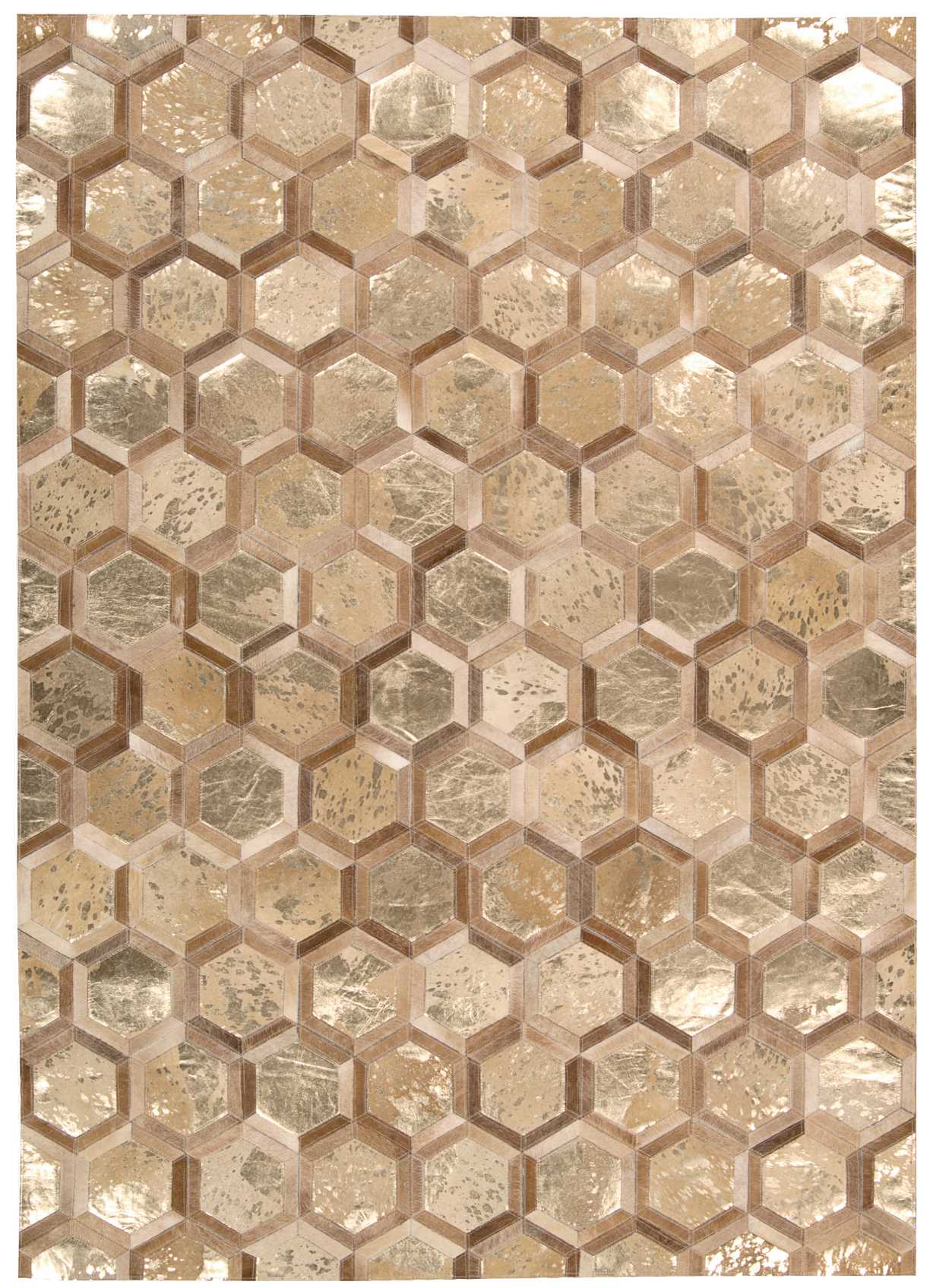 Gold-bronze hammered hex-pattern area rug with a subtle 3D honeycomb texture.