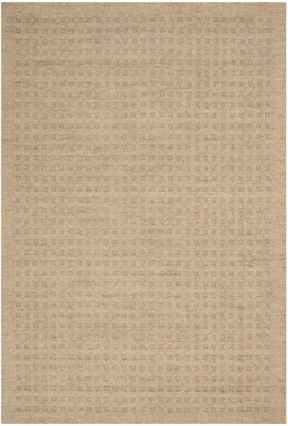 Beige woven area rug with a subtle square grid pattern and warm neutral tones.