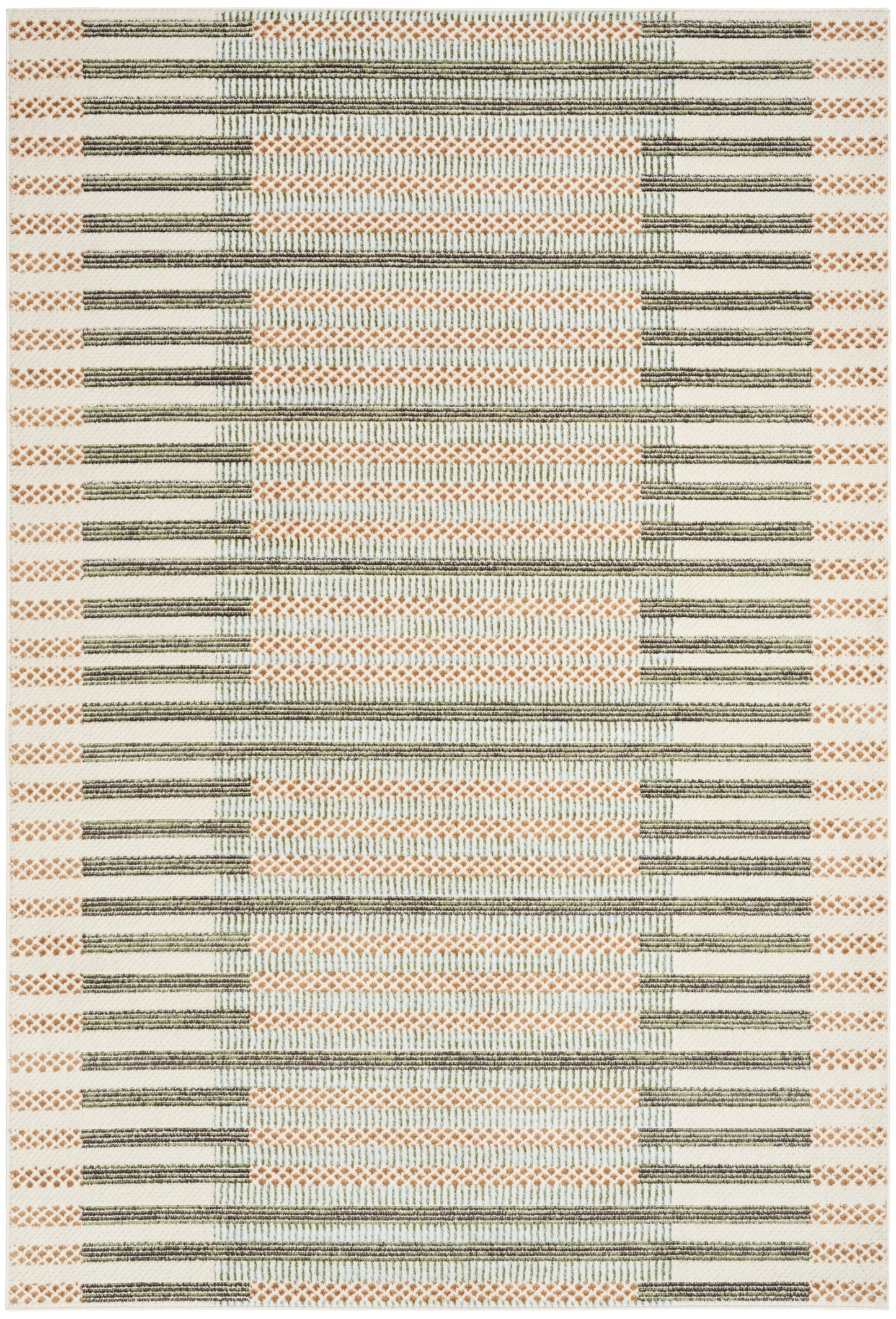 Cream area rug (5' x 7') with orange lattice panels framed by olive stripes and a dotted orange border.
