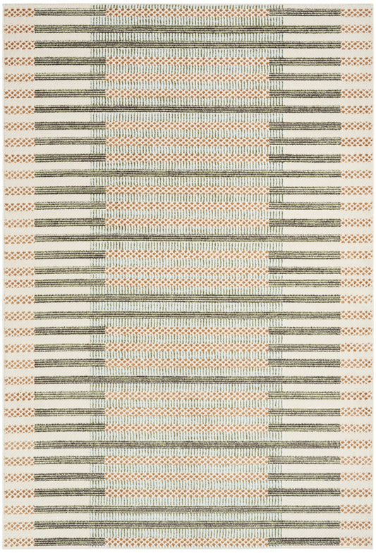 Cream area rug (5' x 7') with orange lattice panels framed by olive stripes and a dotted orange border.
