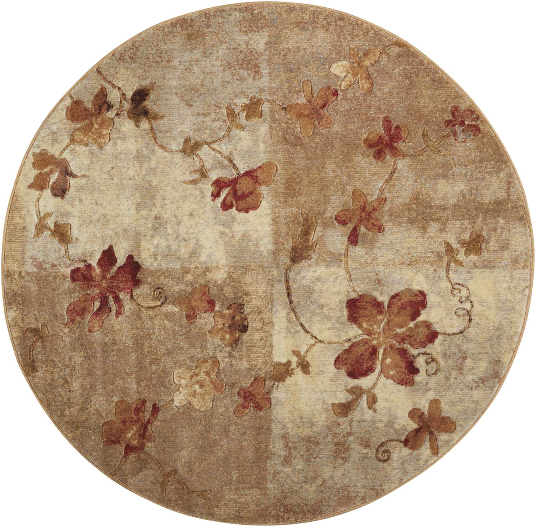 Round area rug featuring warm brown, beige and burgundy floral vines in a vintage pattern.