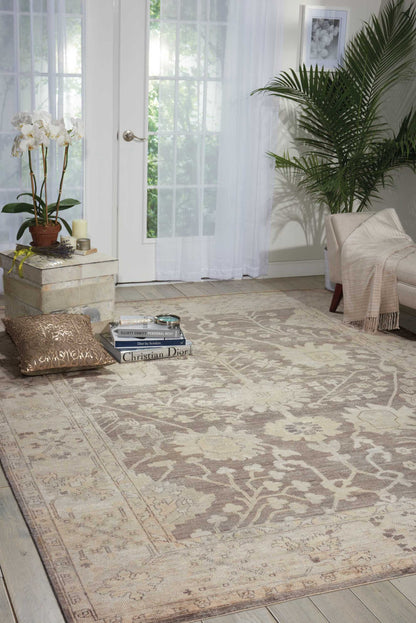 Beige oriental area rug with ivory floral border in bright living room; cream sofa, palm plant, books, and sequin cushion.