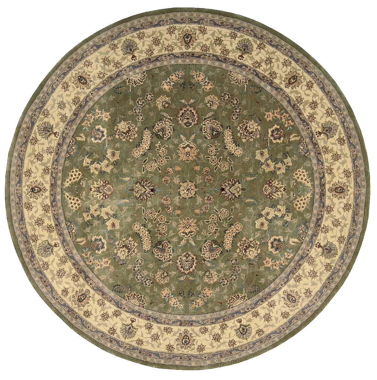 Round oriental rug with green center and cream-beige border; intricate floral medallions in olive, ivory, and blue accents.