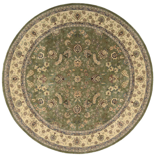 Round oriental rug with green center and cream-beige border; intricate floral medallions in olive, ivory, and blue accents.