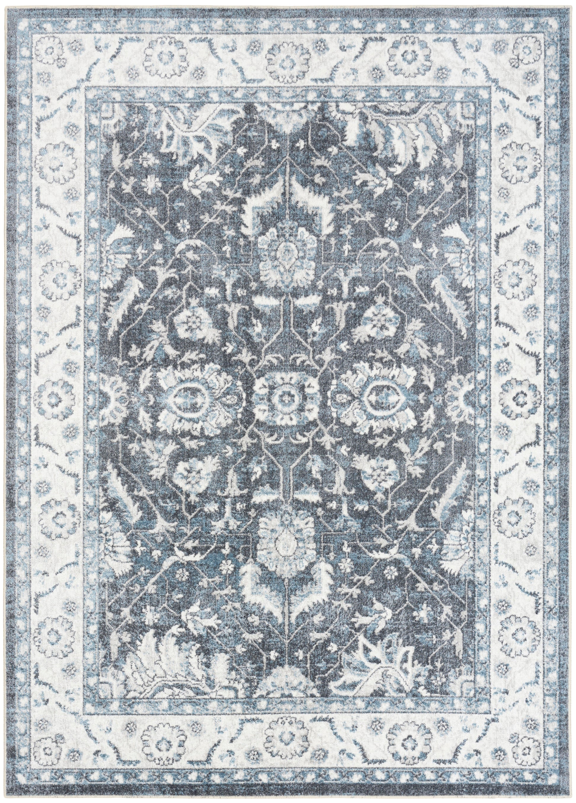 Blue and ivory Persian-style rug with dark central field, intricate floral motif and pale border.
