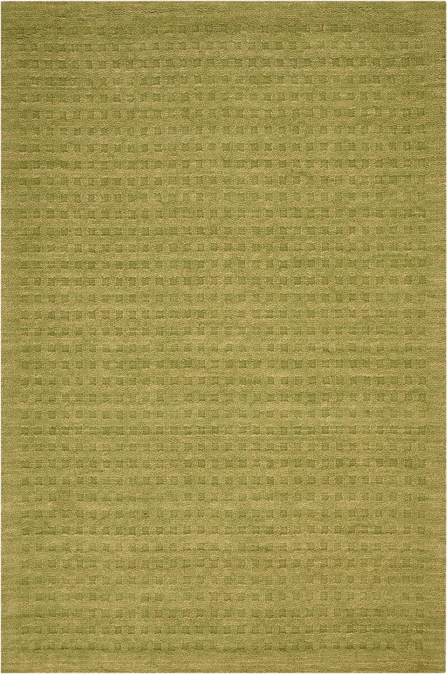 Olive green woven rug with a subtle geometric grid-like pattern and textured surface, ideal for living spaces.