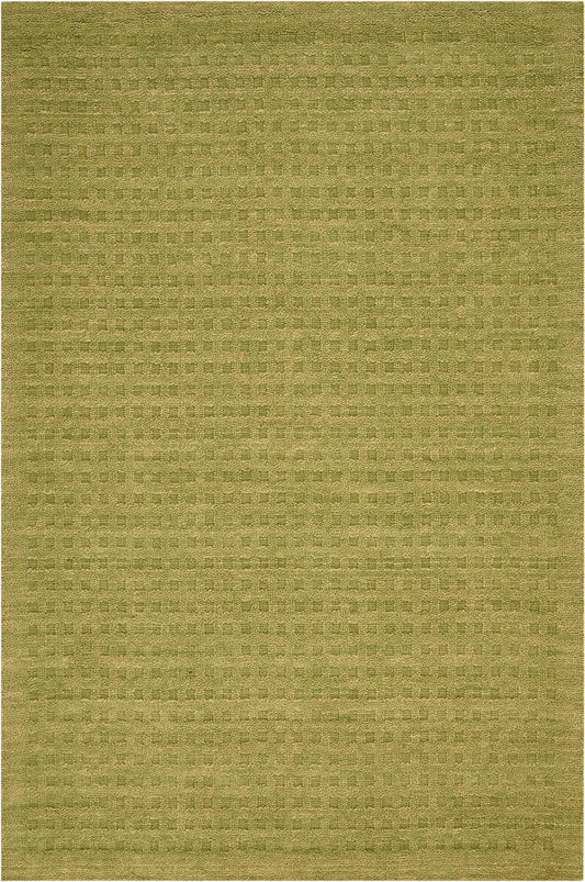 Olive green woven rug with a subtle geometric grid-like pattern and textured surface, ideal for living spaces.