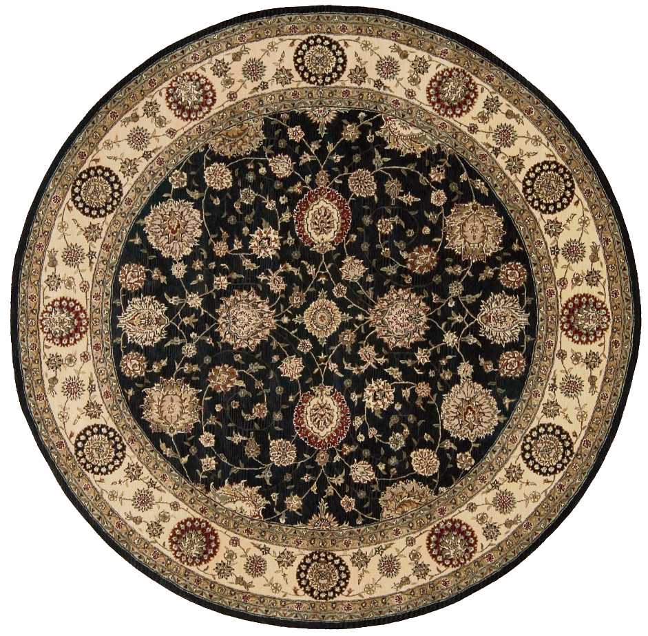 Round Persian-style rug with black central field, gold-beige floral motifs, and cream border with circular medallions.