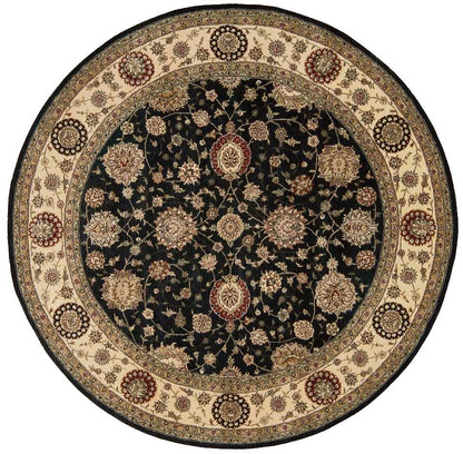 Round Persian-style rug with black central field, gold-beige floral motifs, and cream border with circular medallions.