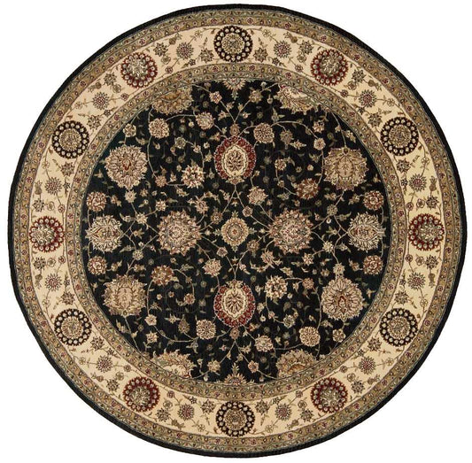 Round Persian-style rug with black central field, gold-beige floral motifs, and cream border with circular medallions.