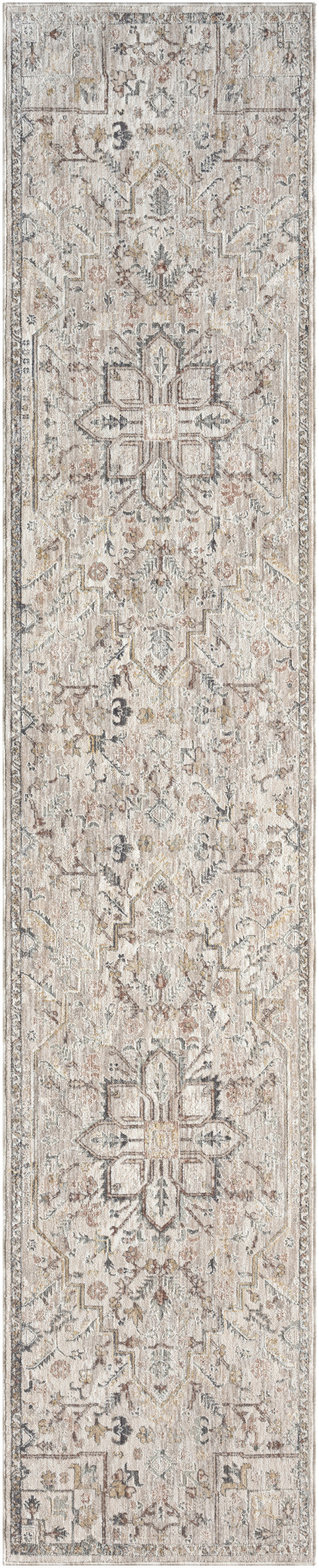 Narrow beige-gray runner rug with faded floral medallions and ornate borders; vintage-inspired hallway decor.