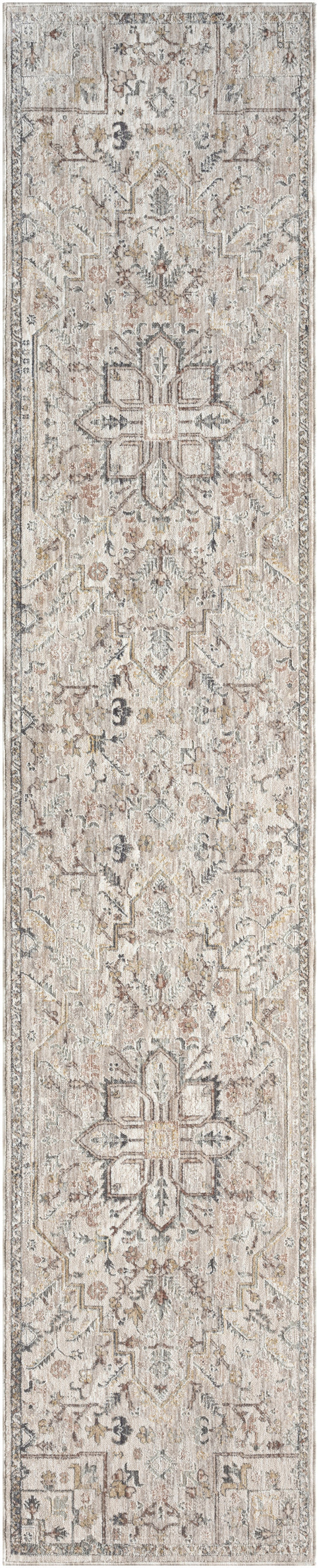 Narrow beige-gray runner rug with faded floral medallions and ornate borders; vintage-inspired hallway decor.