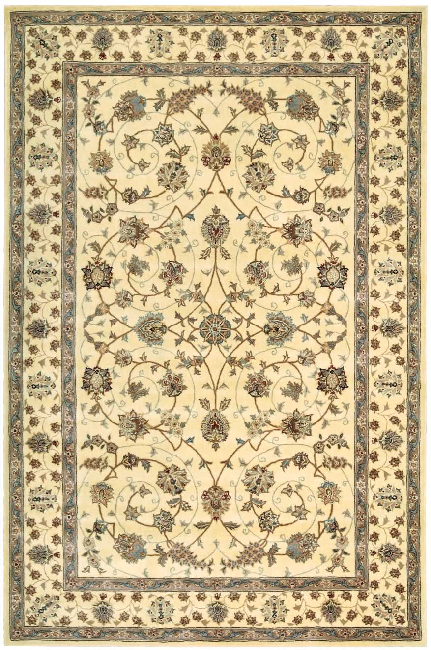Rectangular Persian-style Oriental rug with ivory field, blue and brown floral vines, central medallion, bordered edges.