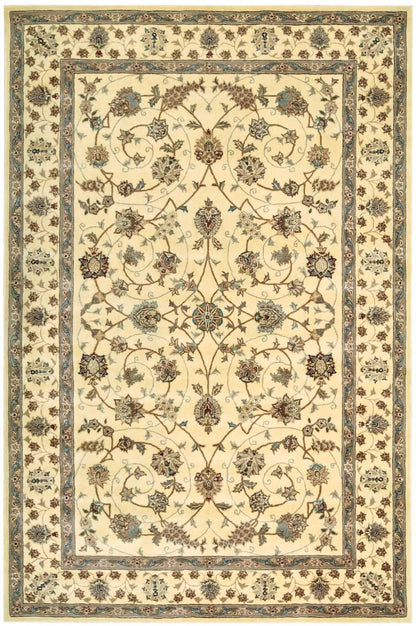 Rectangular Persian-style Oriental rug with ivory field, blue and brown floral vines, central medallion, bordered edges.