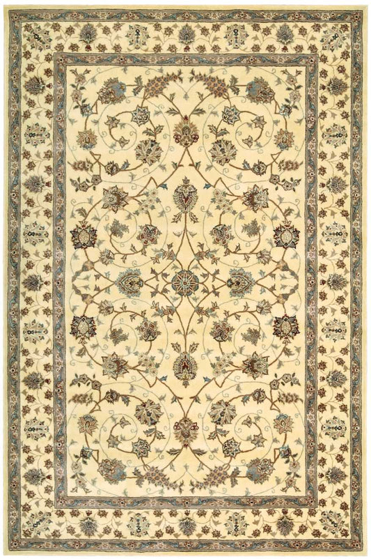 Rectangular Persian-style Oriental rug with ivory field, blue and brown floral vines, central medallion, bordered edges.
